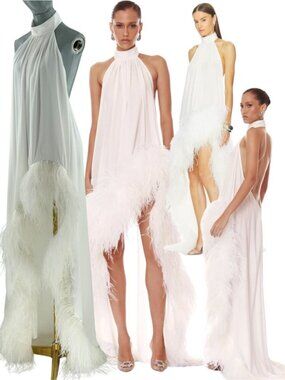 🆕 BRONX & BANCO 🧿 NWOT Madeline Halterneck Feathered Gown, White - Sz M US 6